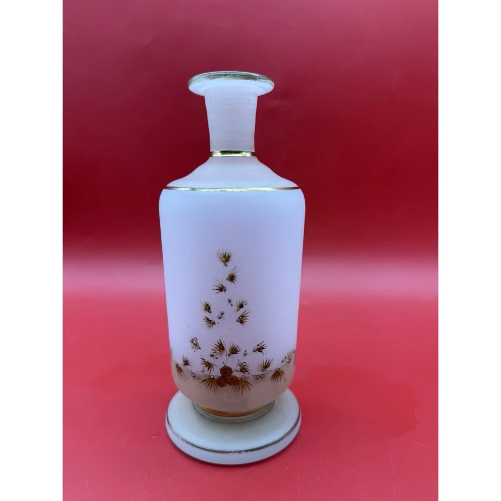 Hand Painted Floral White Opaline Bristol Glass Bottle/Vase 6.75
